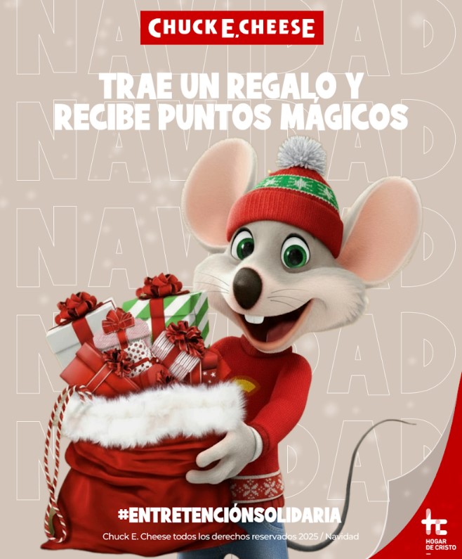 “La Navidad la hacemos todos”. Chuck E.Cheese invita a llevar regalos a uno de sus doce locales, para niños del Hogar de Cristo. A cambio, recibirán puntos y tickets.